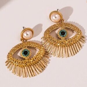 Gold Evil Eye Drop Earrings with Pearl Top